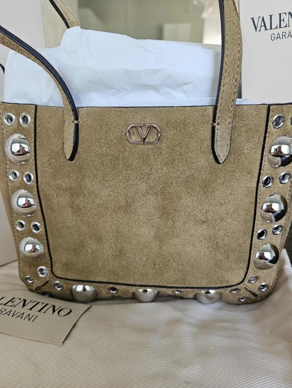 ***SOLD***NWT Valentino Garavani Nellcote Tan Suede Studded Mini Tote - Picture 2 of 6